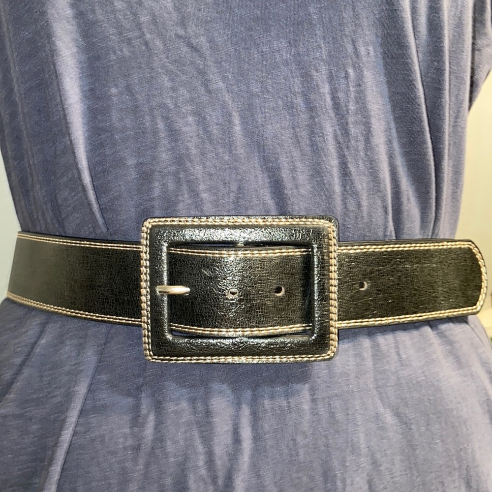 Anne Klein Genuine Leather Black Belt Buckle Contrasting Stitch size Large